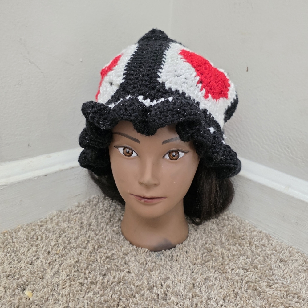 Handmade Black and White Crochet Hat with Red Accents